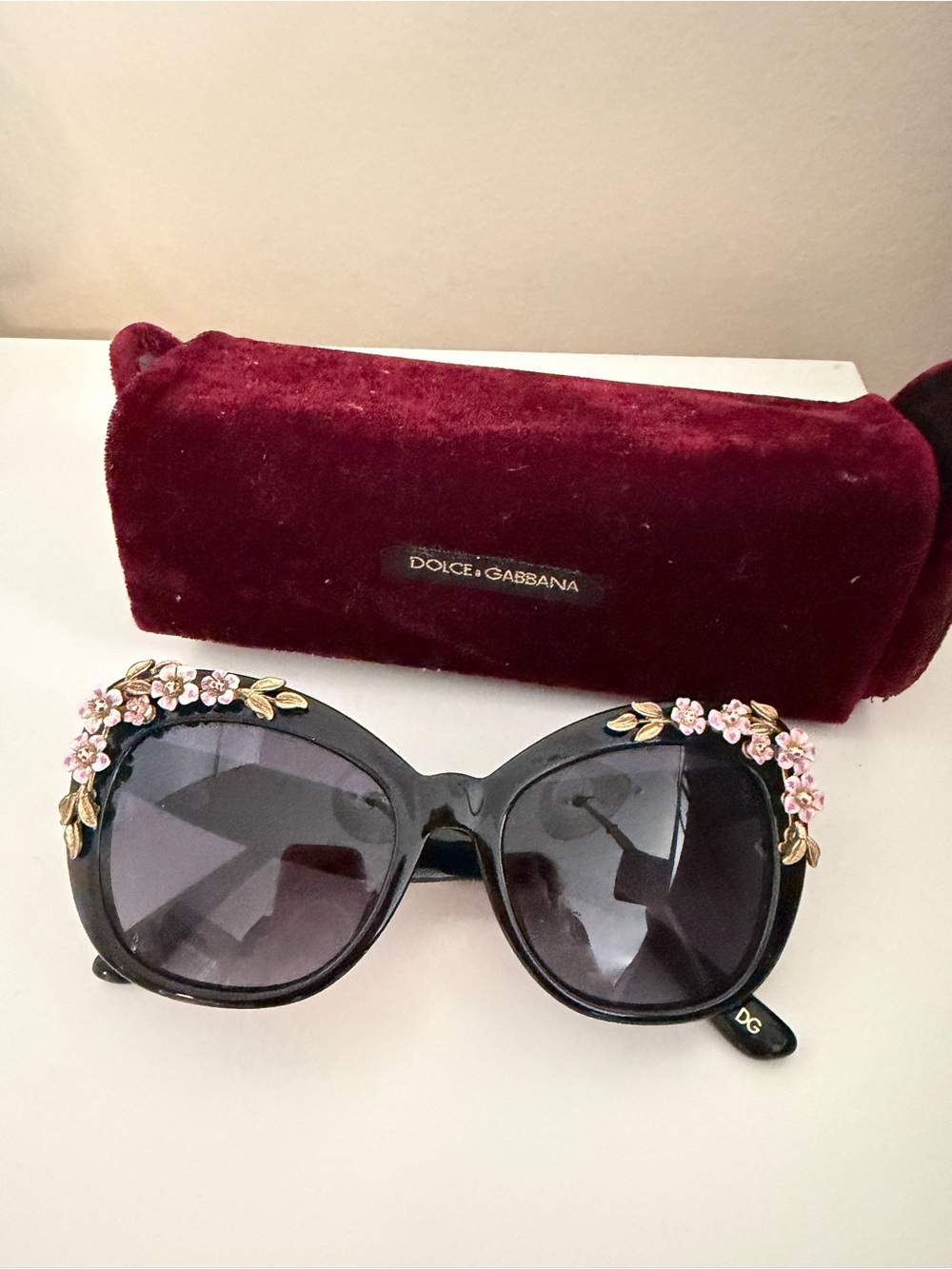Dolce & Gabbana Black Sunglasses with Pink Floral & Gold Leaf Accents